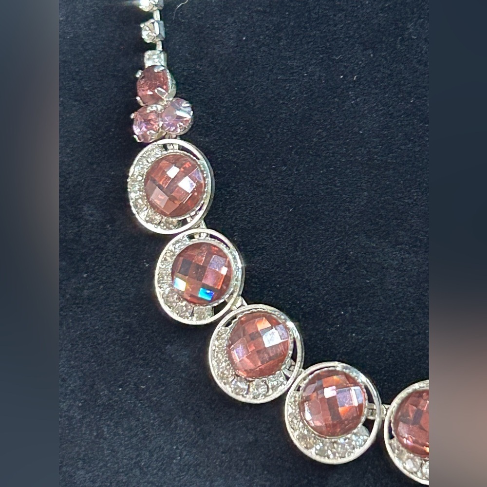 Vintage Christine Collection Pink White Rhinestone Silver Toned Fashion Necklace - Picture 2 of 10